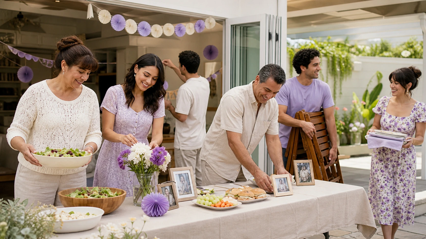 Family and friends preparing food and decorations for a graduation open house